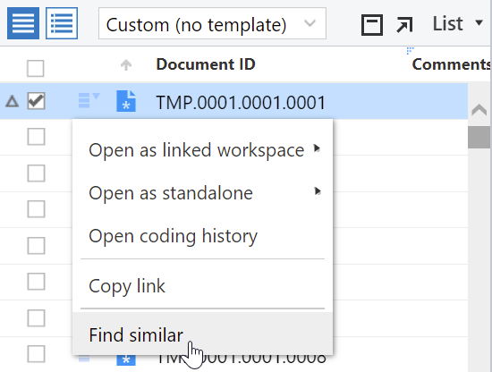 The List pane showing the context menu and the Find similar option.